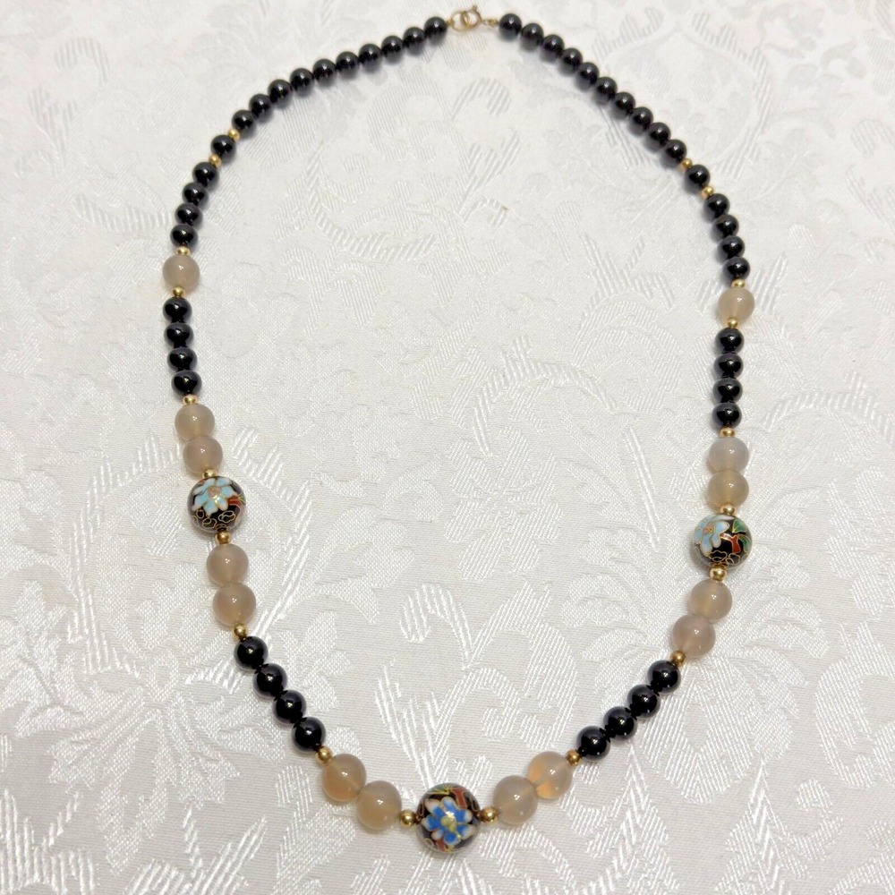 Vintage Floral Cloisonne Black Onyx Jasper Beads Necklace 1/20 12k Gold Japanese